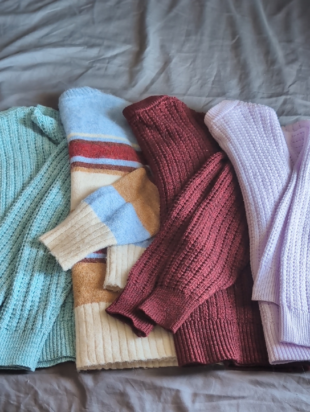 Set Of 4 Time and Tru Crew Neck Sweaters in Mint, Multi-Stripe, Burgundy & Lilac